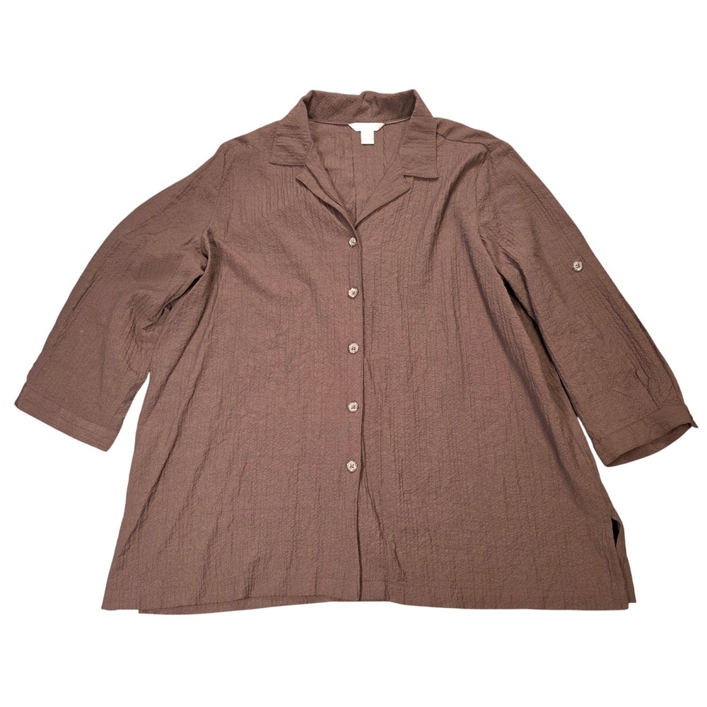 White Stag Button Down Women's Size XL Brown Cafe Textured 3/4 Roll Tab‎ Sleeve